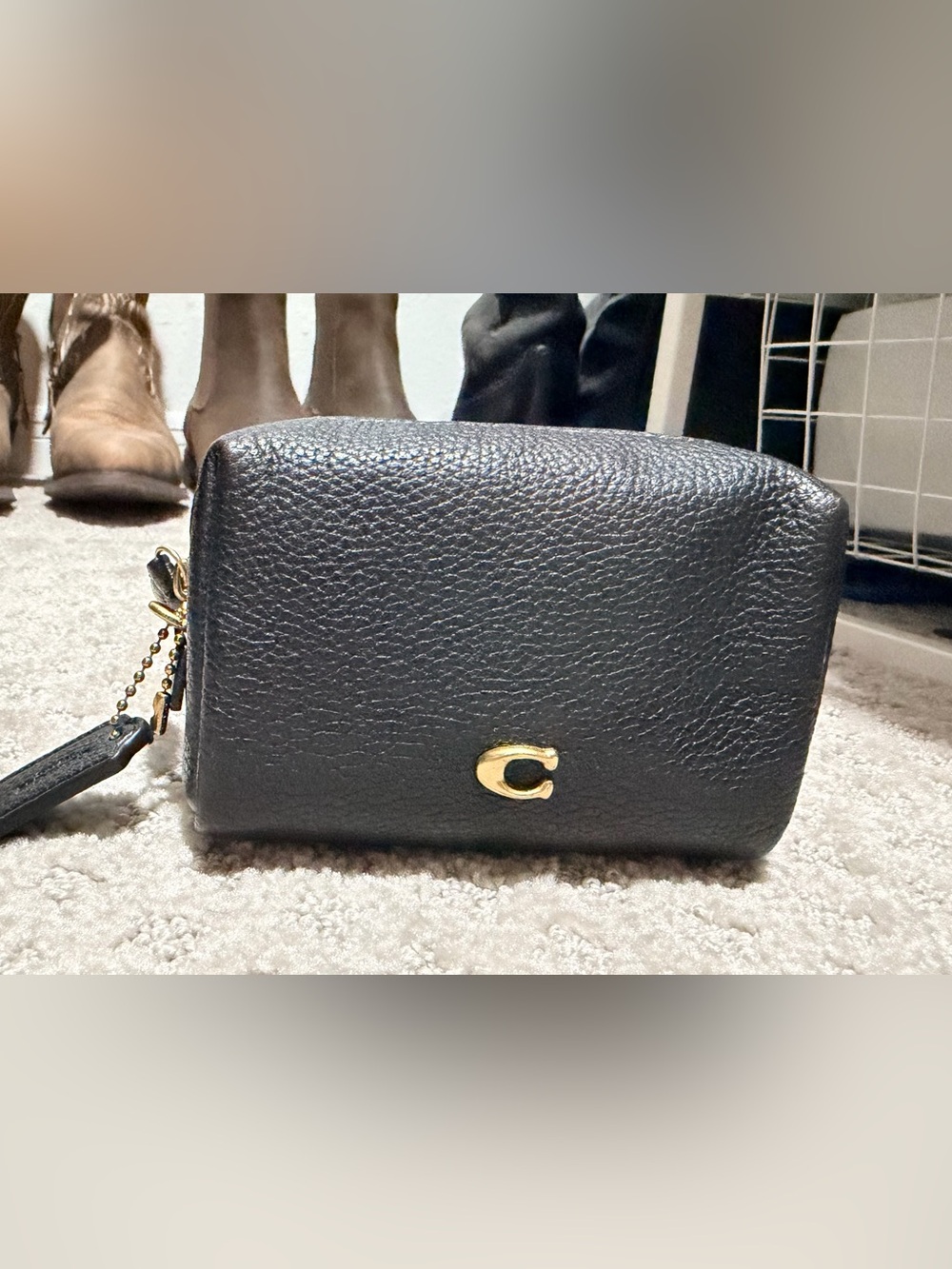 Coach Black Pebbled Leather Mini Cosmetic Case with Gold 'C' Accent